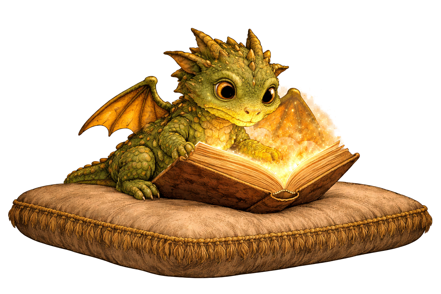 Baby dragon with enchanted book